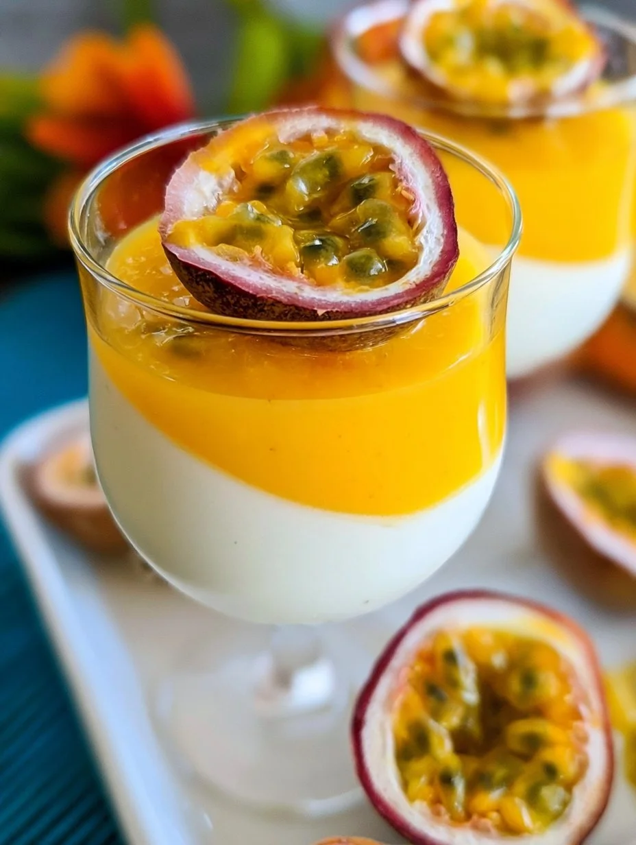 Vanilla panna cotta dessert topped with mango gelée and passion fruit