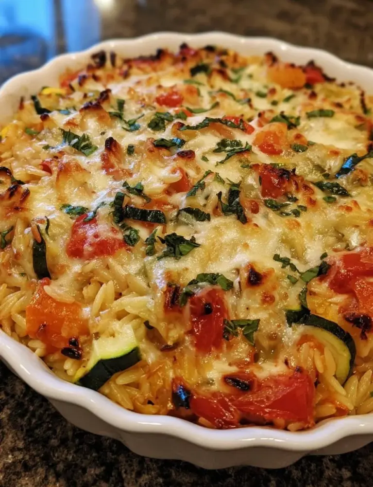 Delicious Vegetable and Ricotta Baked Orzo dish, showcasing vibrant vegetables and creamy cheese.