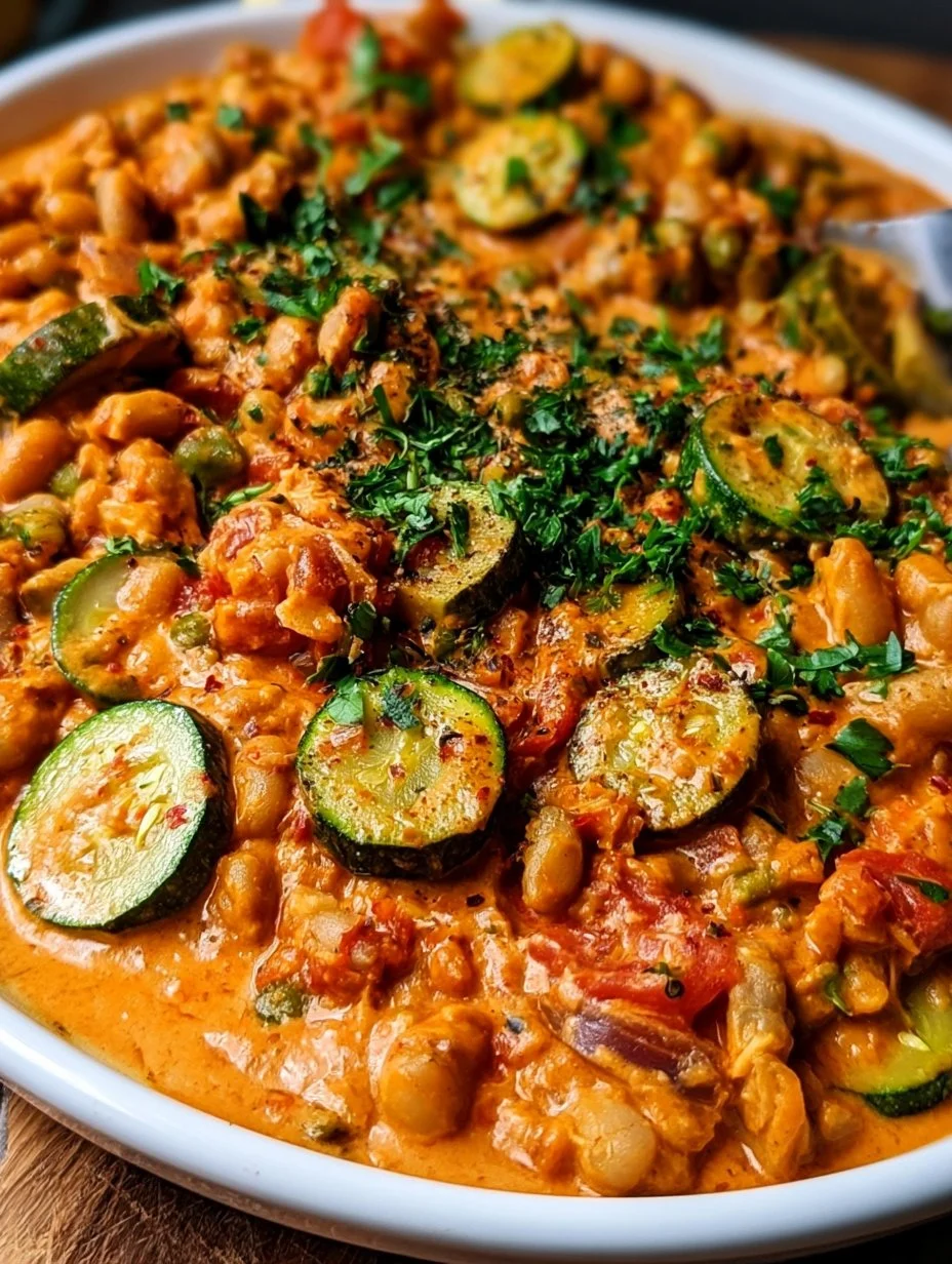Cremige Zucchini Bohnenpfanne mit Erdnussbutter