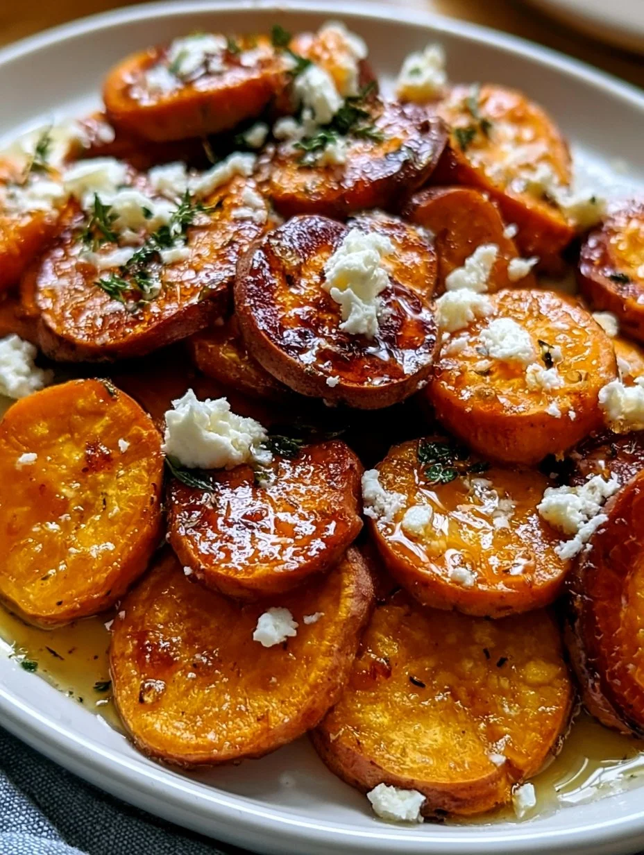 Gebratene Süßkartoffelscheiben mit Honig und Feta