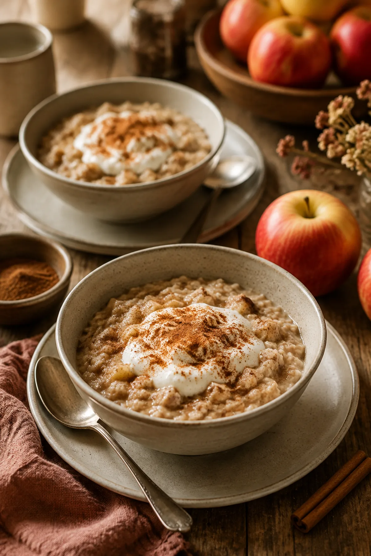 Apfel-Zimt-Porridge aus dem Ofen fertig zum Servieren