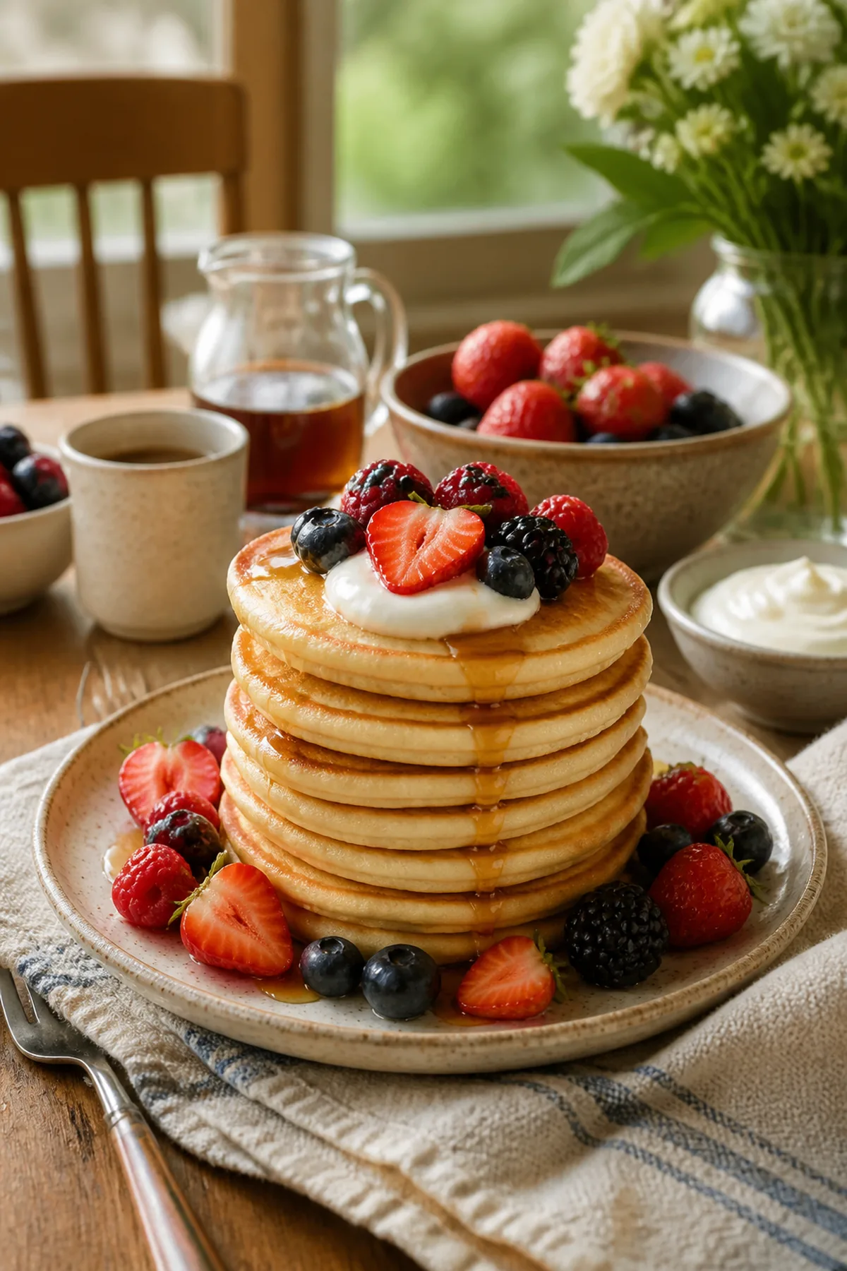 Bananen-Hafer-Pancakes mit Beeren fertig zum Servieren
