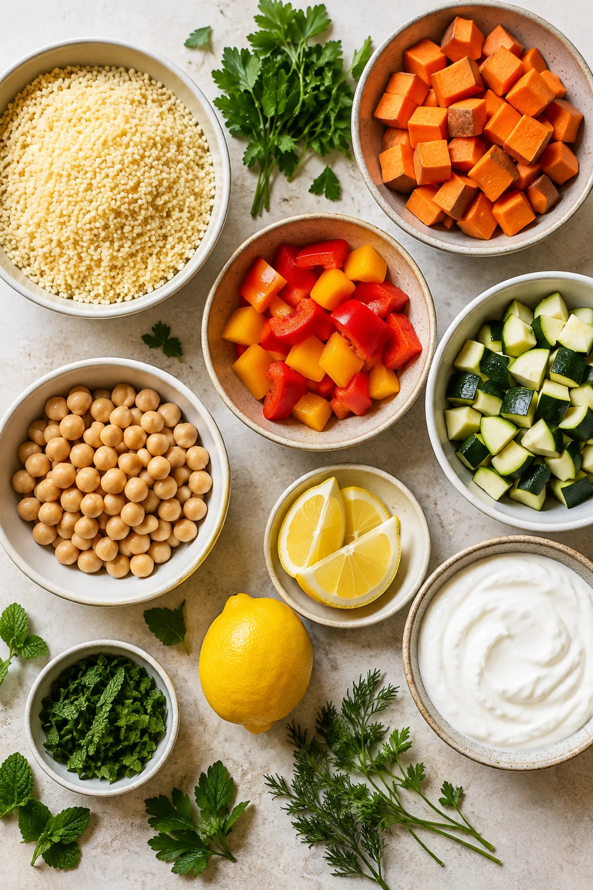 Zutaten für Bunte Couscous-Bowl mit Ofengemüse