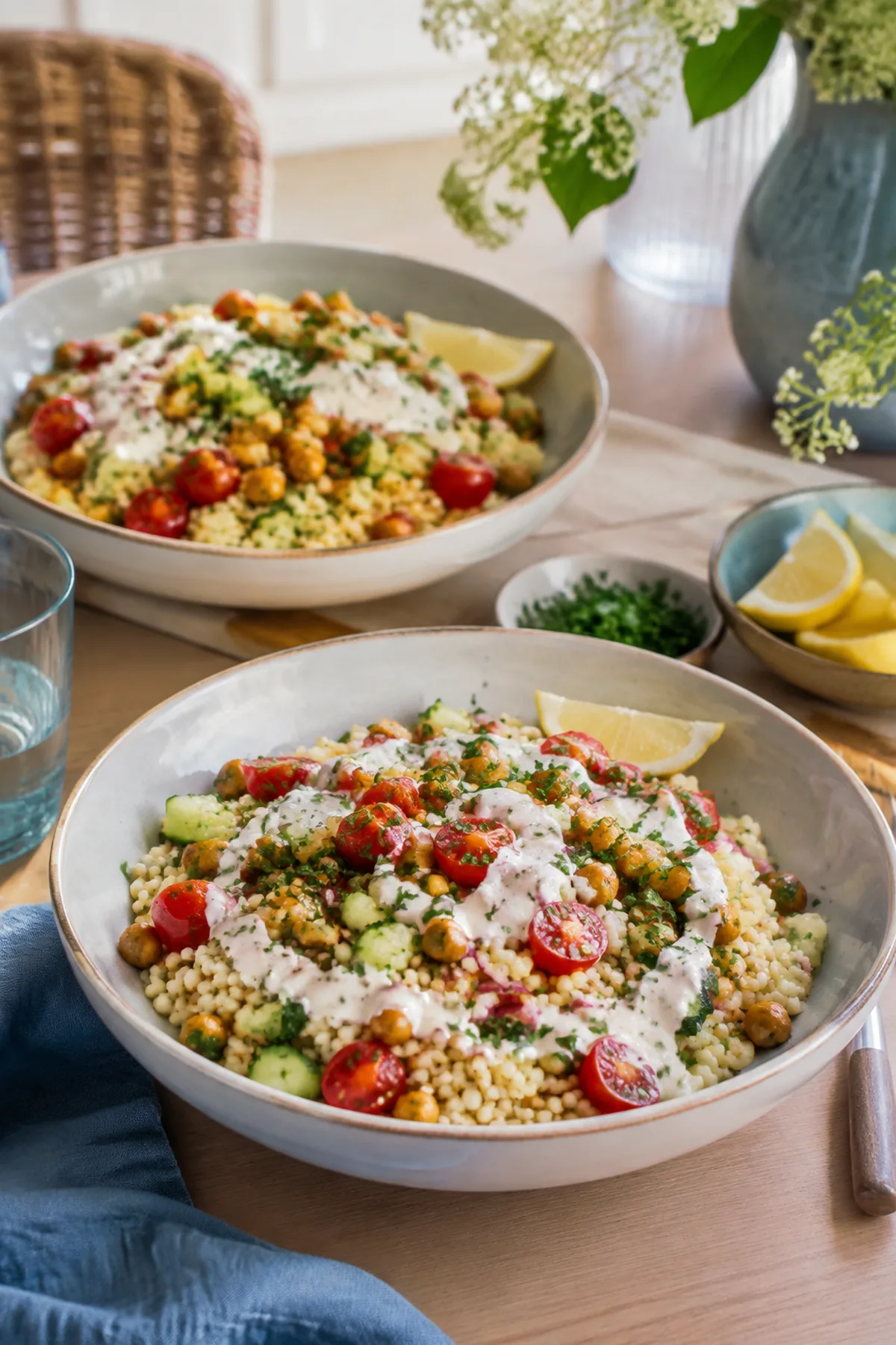 Bunte Couscous-Bowl mit Ofengemüse fertig zum Servieren