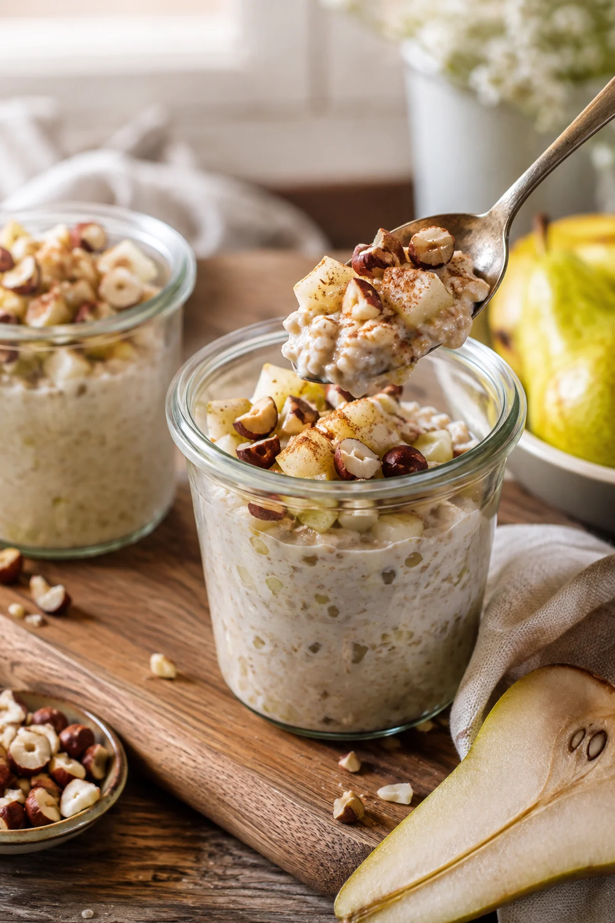 Cremige Birnen-Zimt-Overnight-Oats fertig zum Servieren