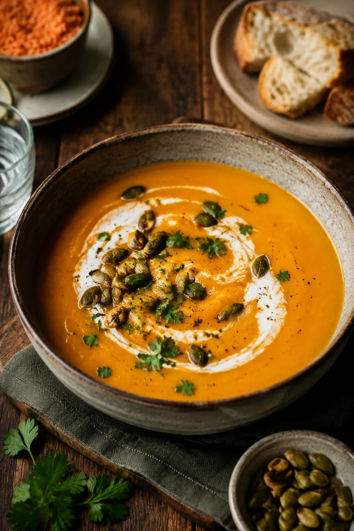 Cremige Kürbis-Linsen-Suppe mit Kokosmilch