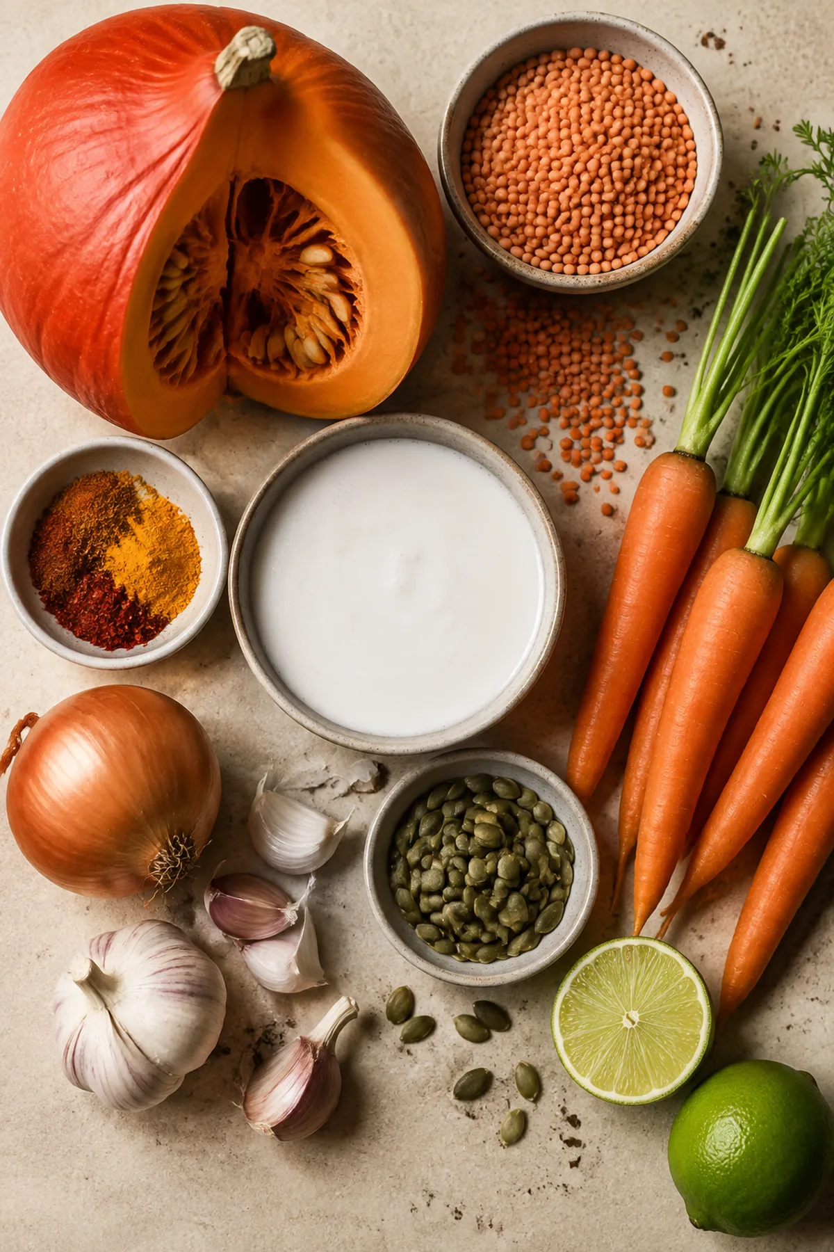 Zutaten für Cremige Kürbis-Linsen-Suppe mit Kokosmilch