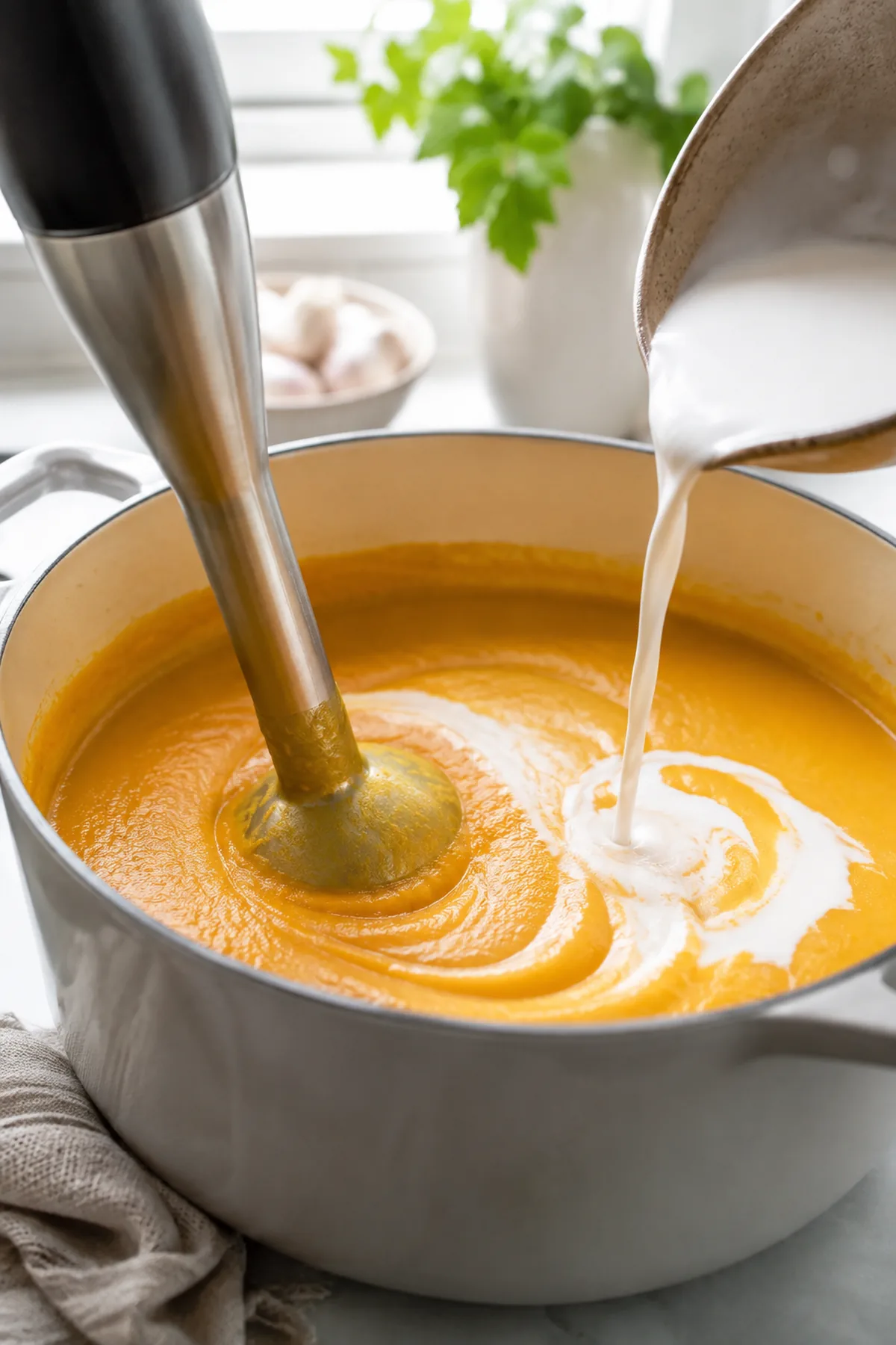 Zubereitung von Cremige Kürbis-Linsen-Suppe mit Kokosmilch