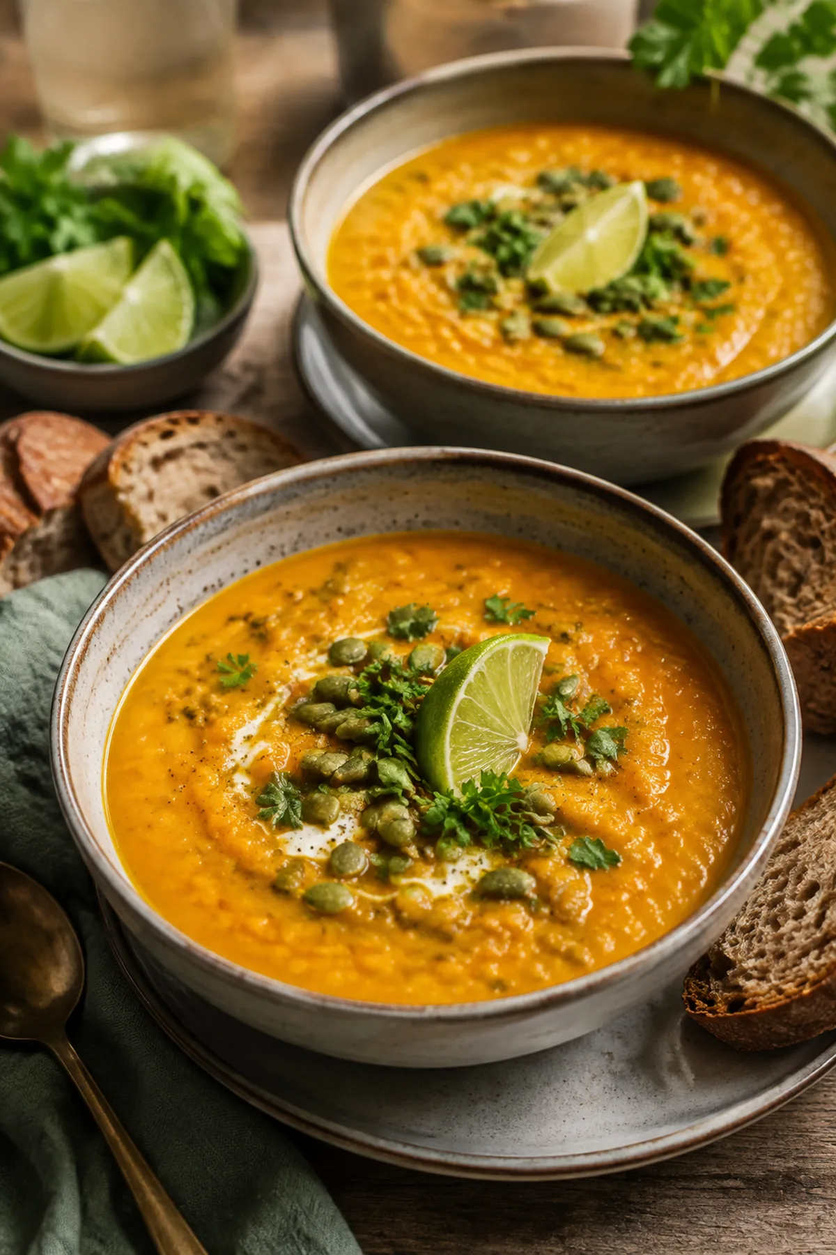 Cremige Kürbis-Linsen-Suppe mit Kokosmilch fertig zum Servieren