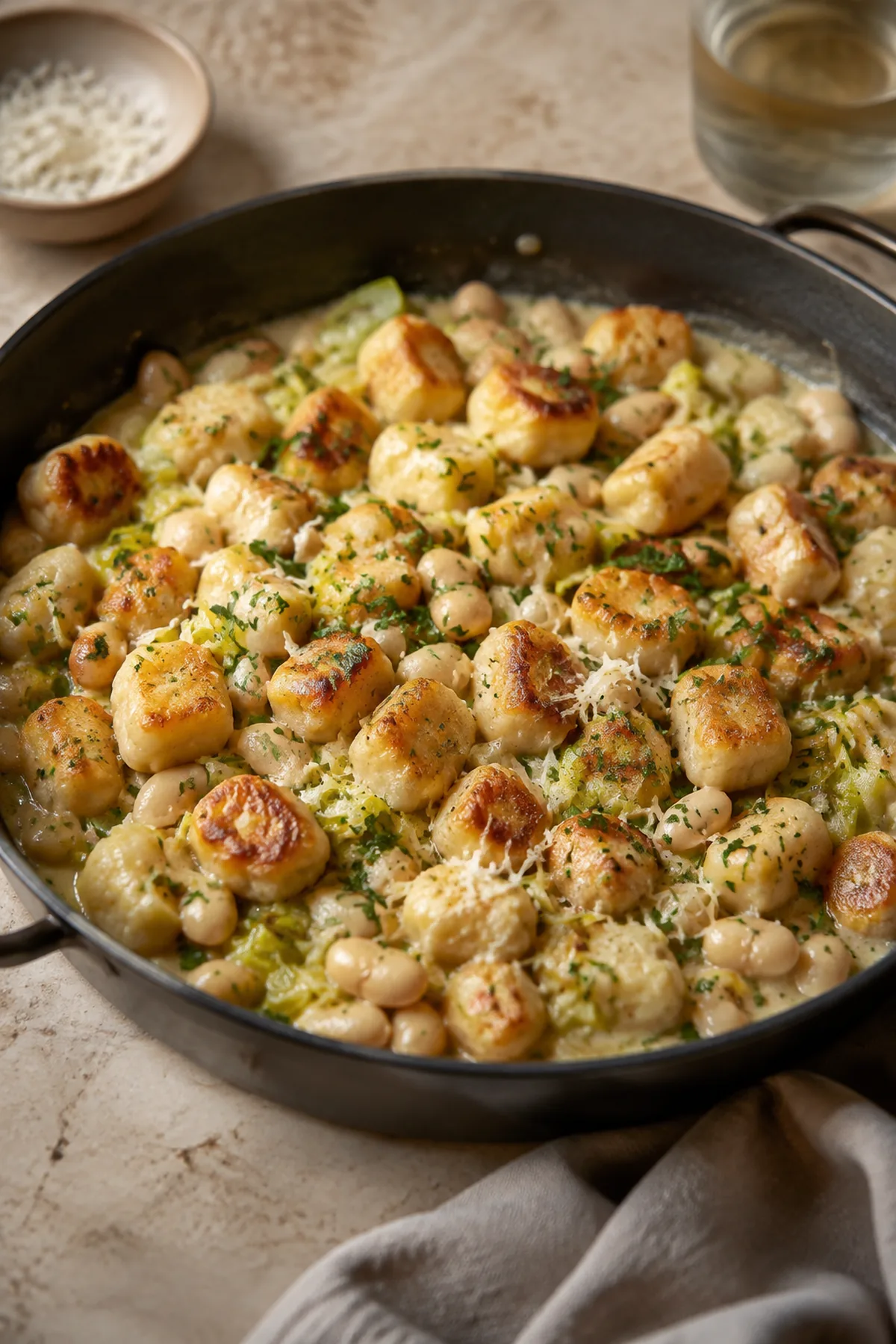 Cremige Lauch-Gnocchi-Pfanne mit weißen Bohnen