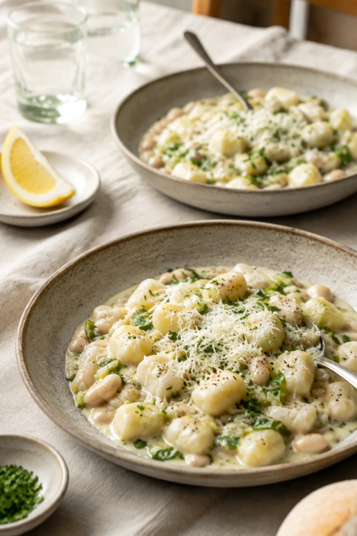 Cremige Lauch-Gnocchi-Pfanne mit weißen Bohnen fertig zum Servieren