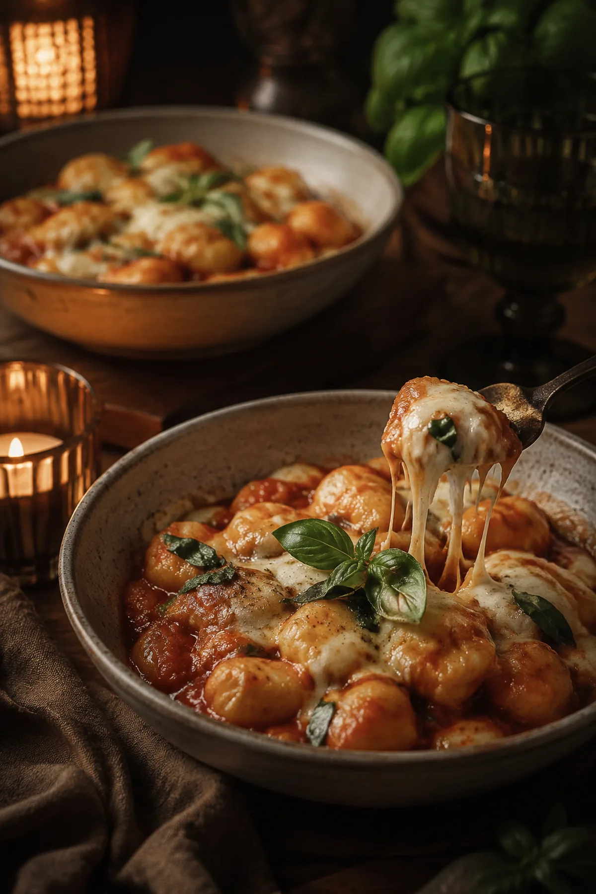 Cremige Tomaten-Gnocchi aus einer Pfanne fertig zum Servieren