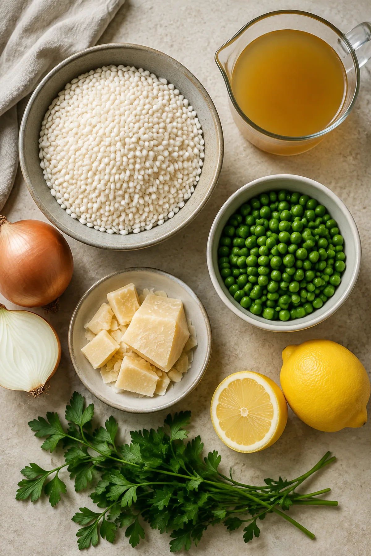 Zutaten für Cremiges Erbsenrisotto mit Zitrone