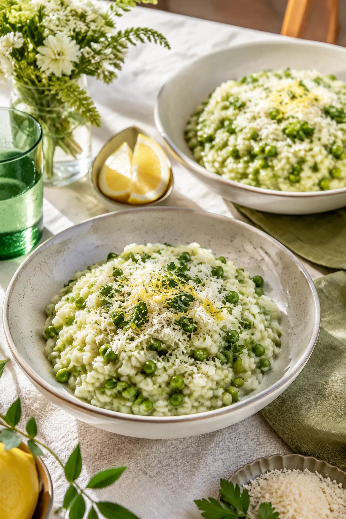 Cremiges Erbsenrisotto mit Zitrone fertig zum Servieren