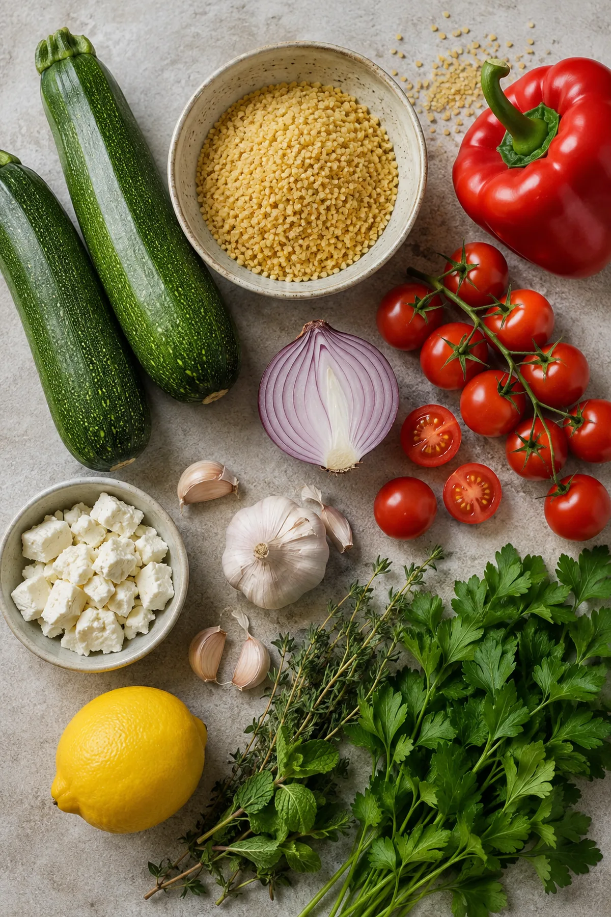 Zutaten für Gefüllte Zucchini mit Bulgur und Feta