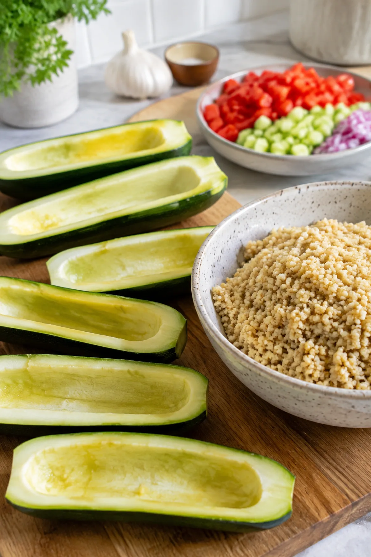 Vorbereitung für Gefüllte Zucchini mit Bulgur und Feta