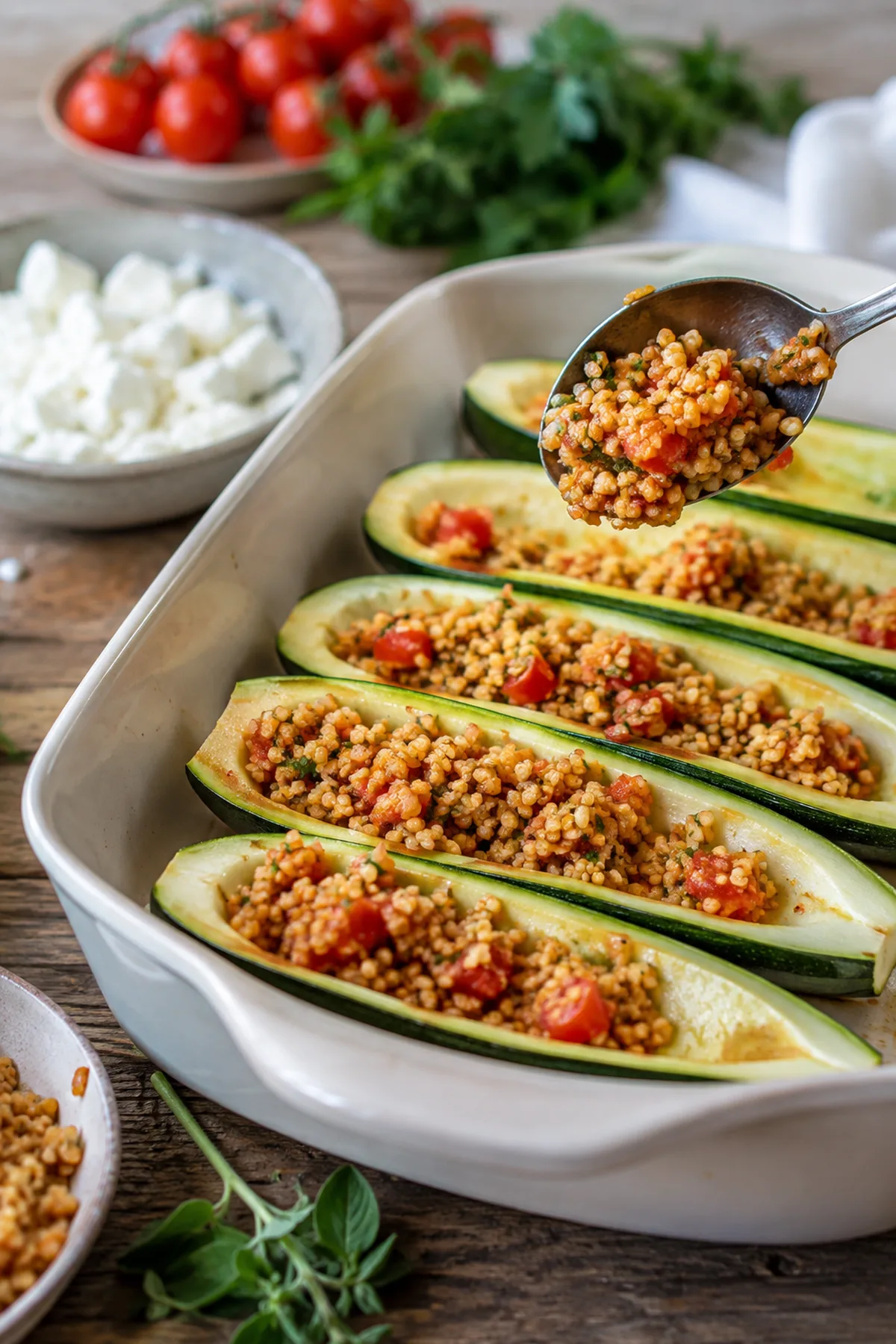 Zubereitung von Gefüllte Zucchini mit Bulgur und Feta