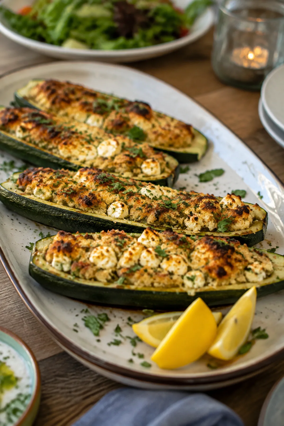 Gefüllte Zucchini mit Bulgur und Feta fertig zum Servieren