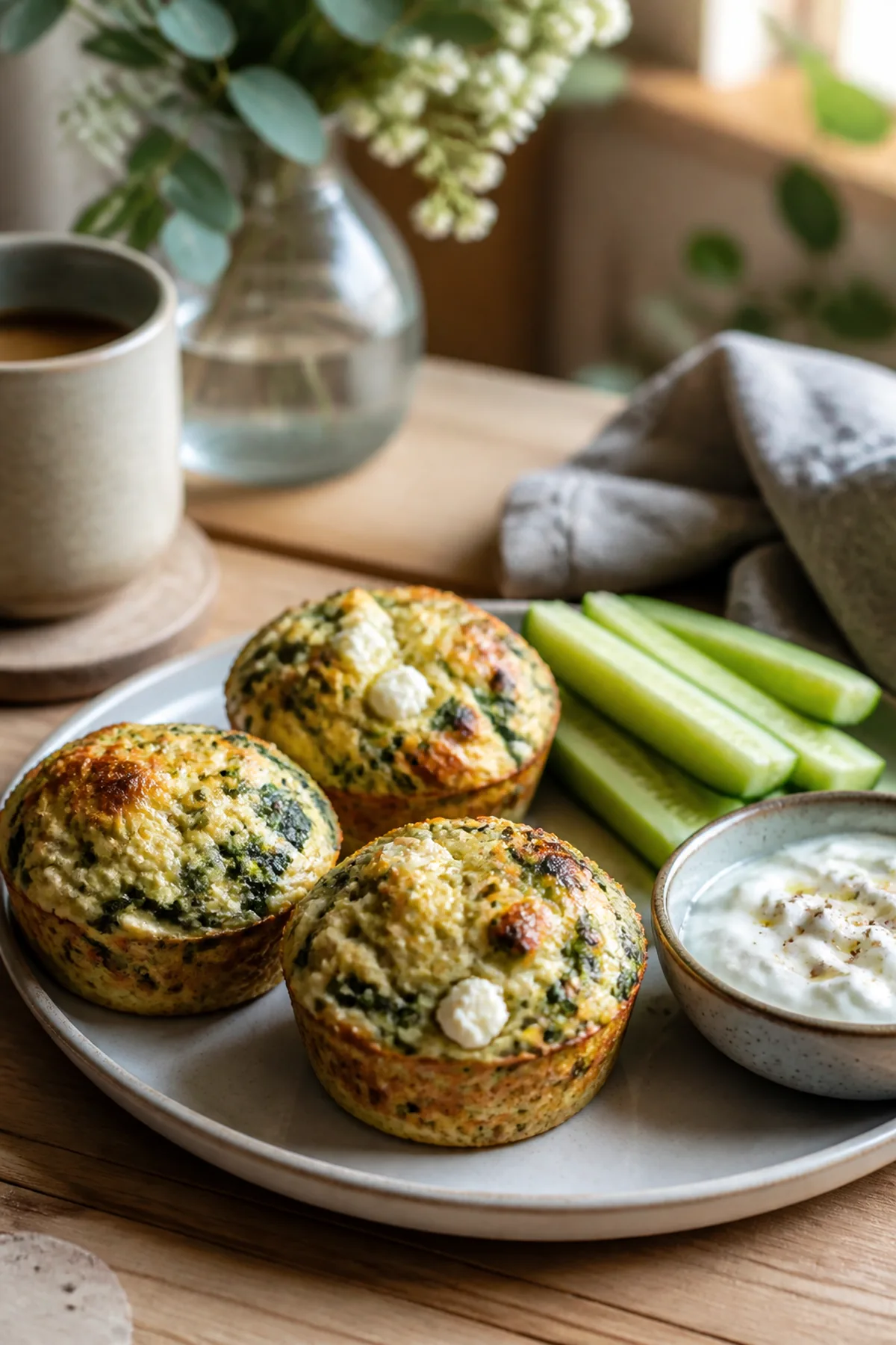 Herzhafte Frühstücks-Muffins mit Spinat und Feta fertig zum Servieren