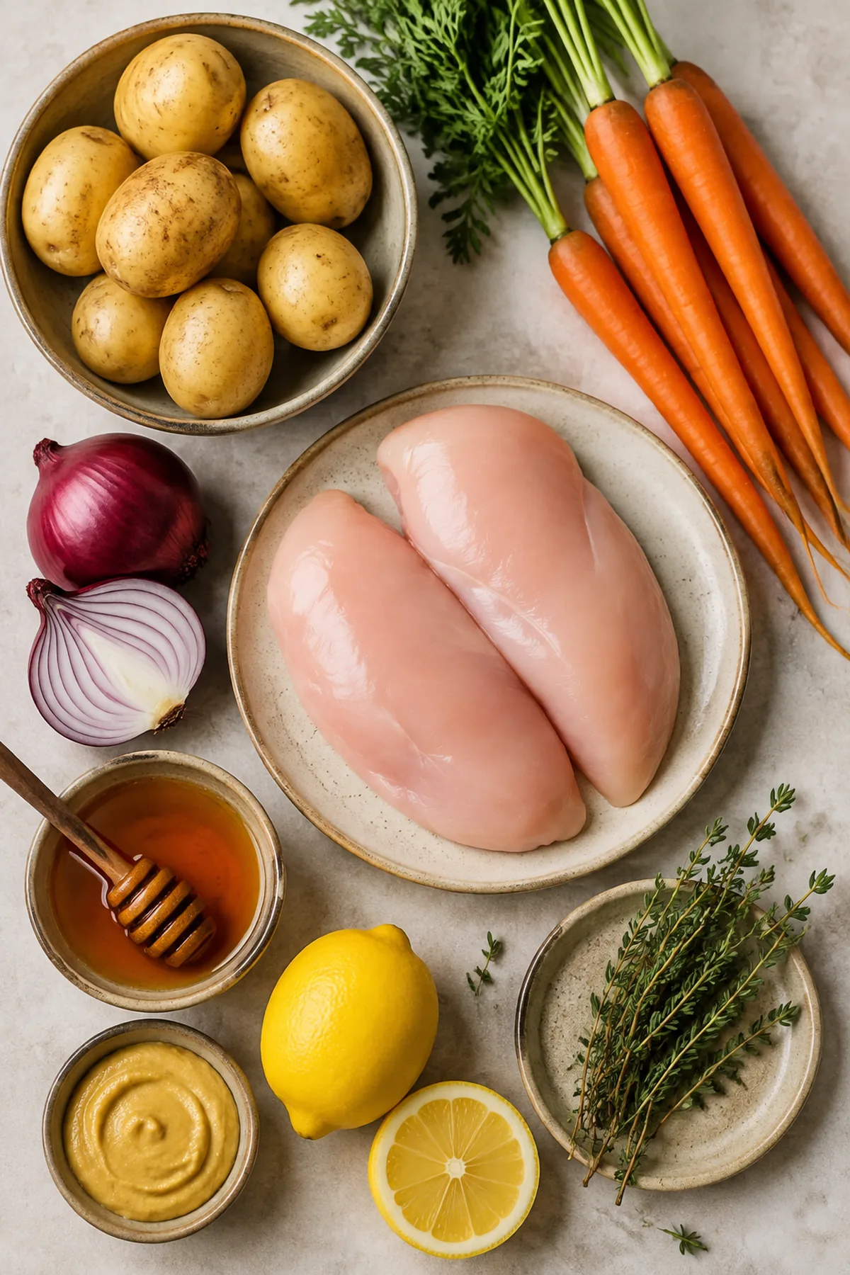 Zutaten für Honig-Senf-Hähnchen mit Ofengemüse
