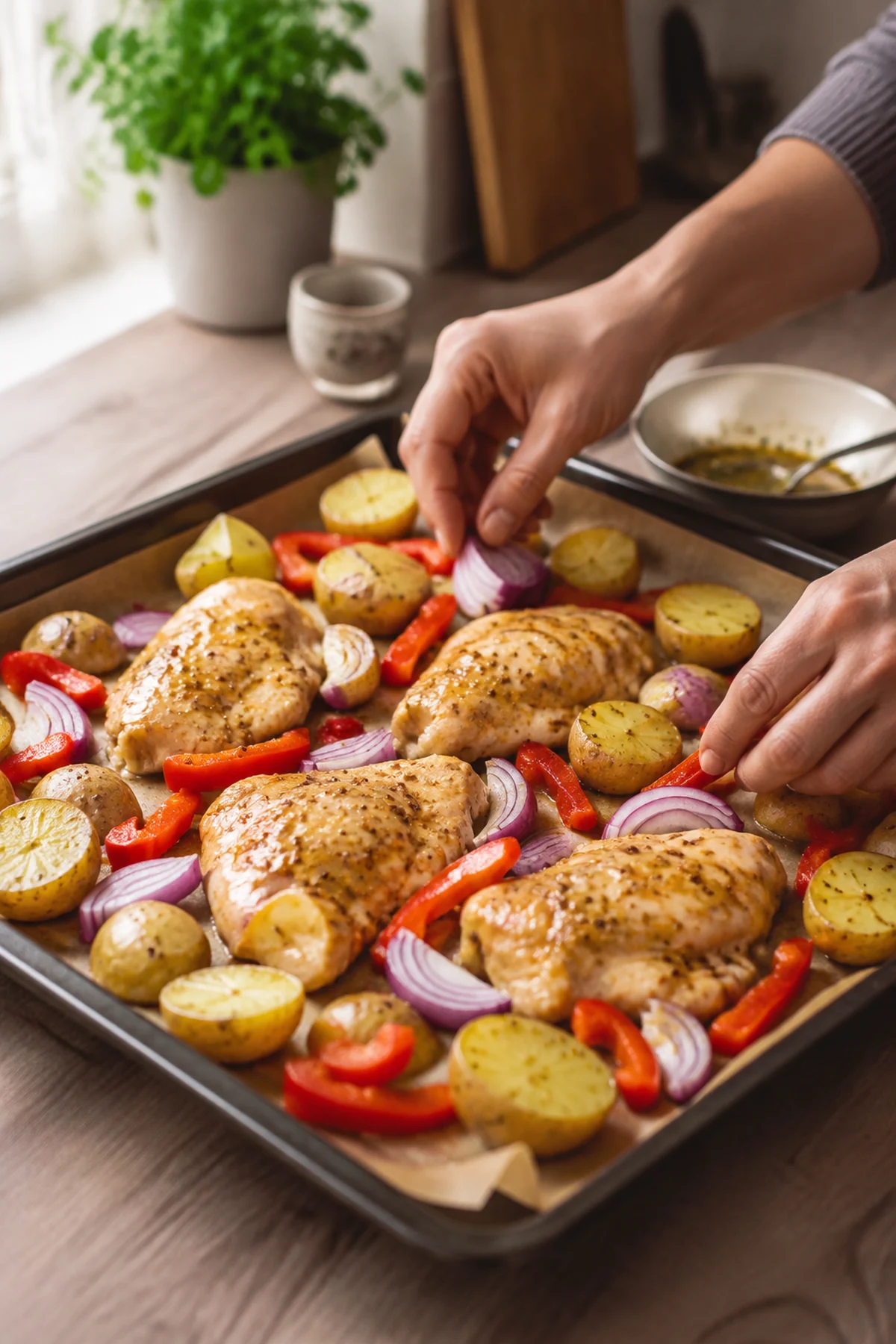 Zubereitung von Honig-Senf-Hähnchen vom Blech mit Kartoffeln