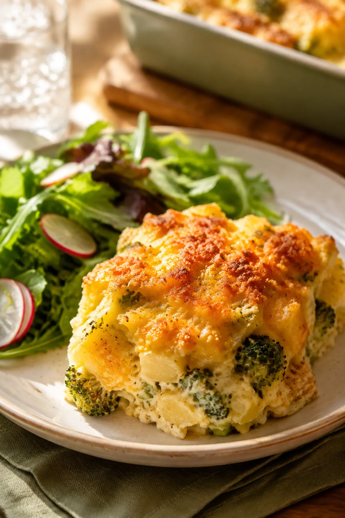 Kartoffel-Brokkoli-Auflauf mit Käse fertig zum Servieren