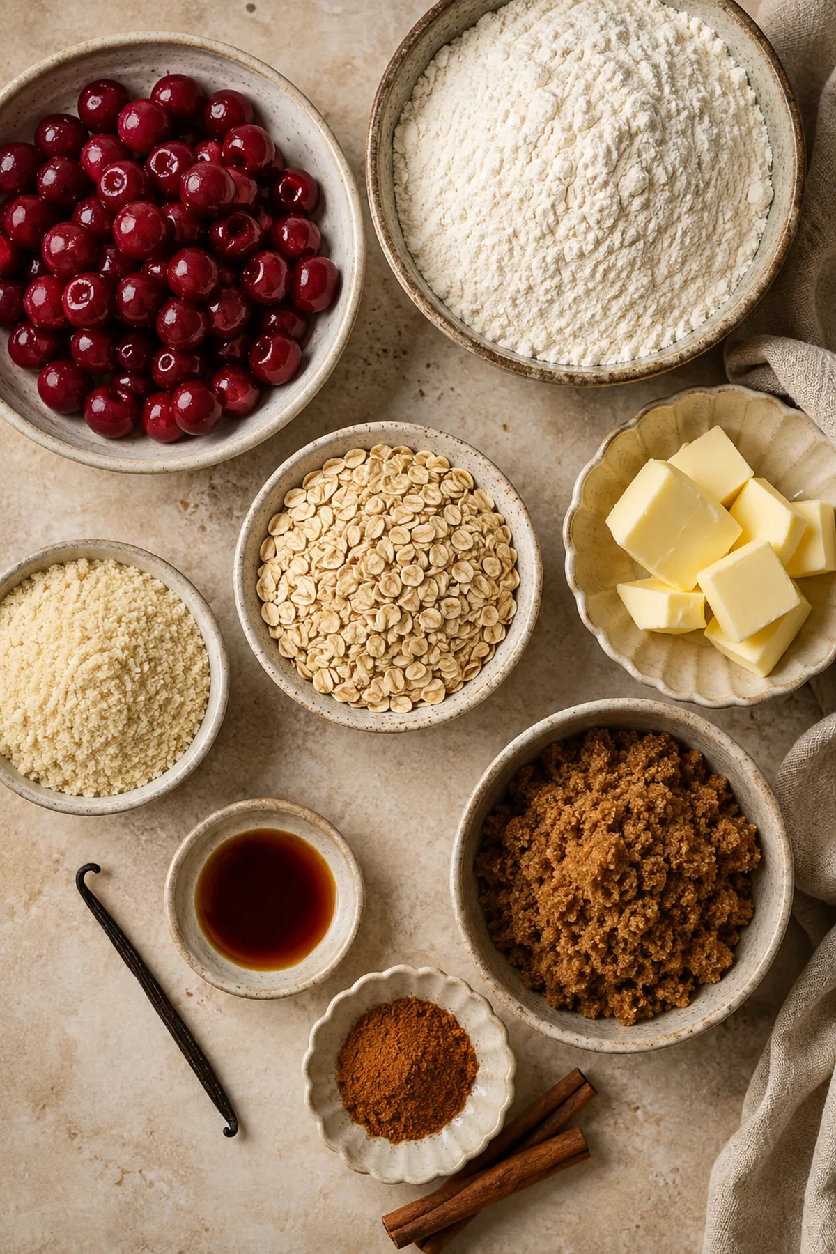 Zutaten für Kirsch-Mandel-Crumble mit Vanille