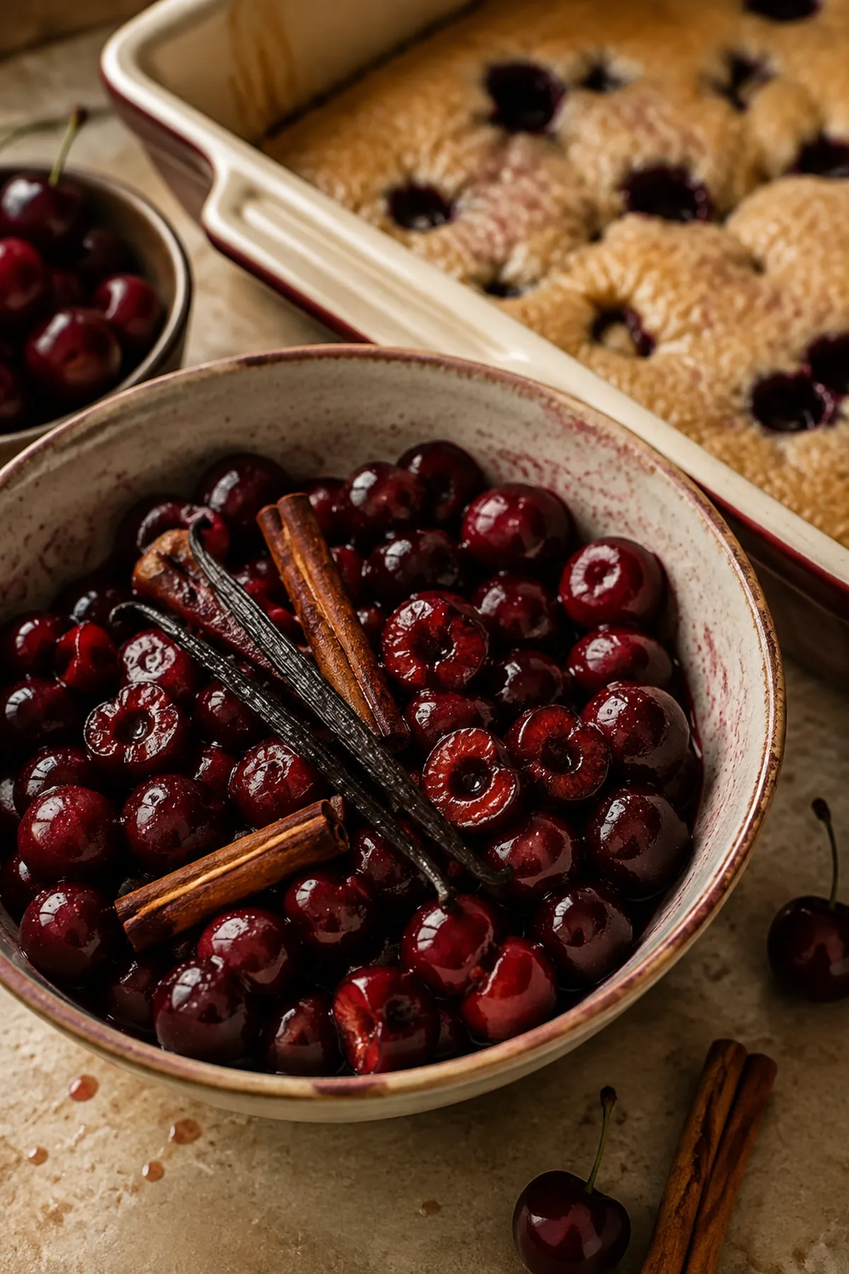 Vorbereitung für Kirsch-Mandel-Crumble mit Vanille