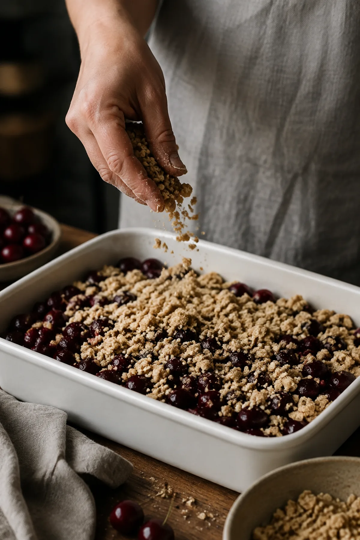 Zubereitung von Kirsch-Mandel-Crumble mit Vanille