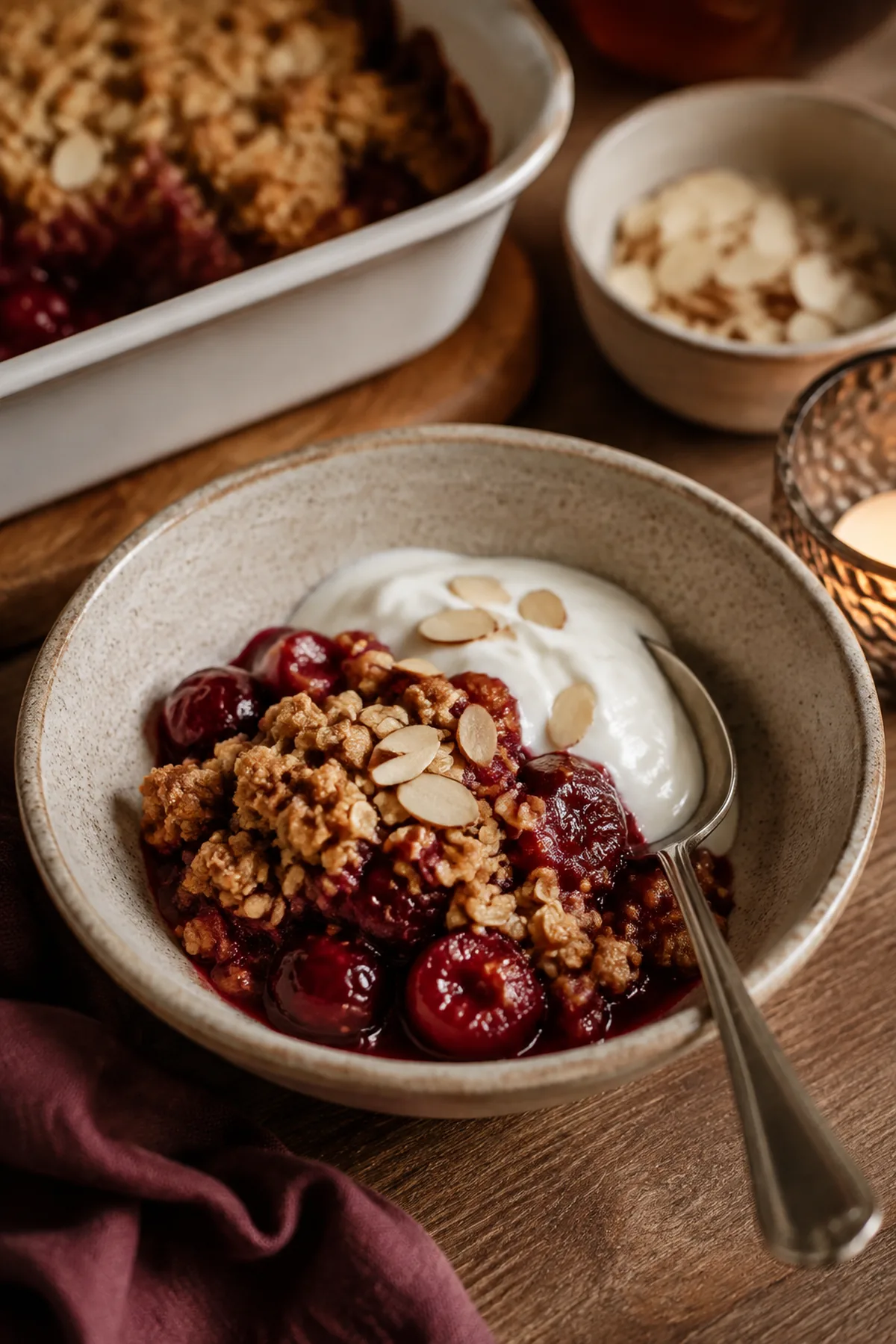 Kirsch-Mandel-Crumble mit Vanille fertig zum Servieren