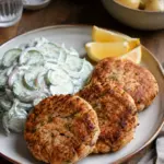 Knusprige Lachsfrikadellen mit Gurkensalat – fertiges Gericht