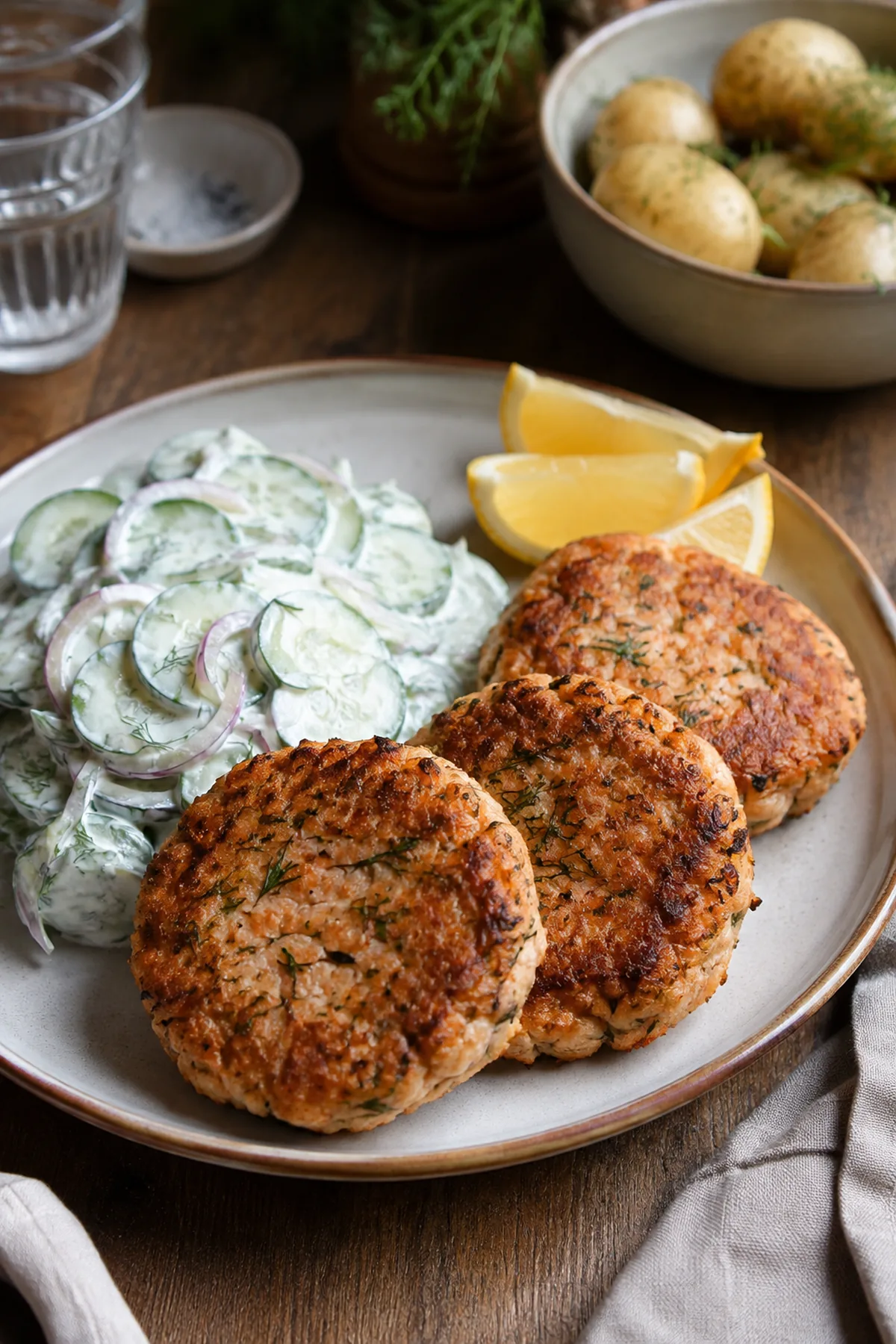 Knusprige Lachsfrikadellen mit Gurkensalat