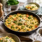 Möhren-Orzo-Pfanne mit Erbsen und Frischkäse – fertiges Gericht