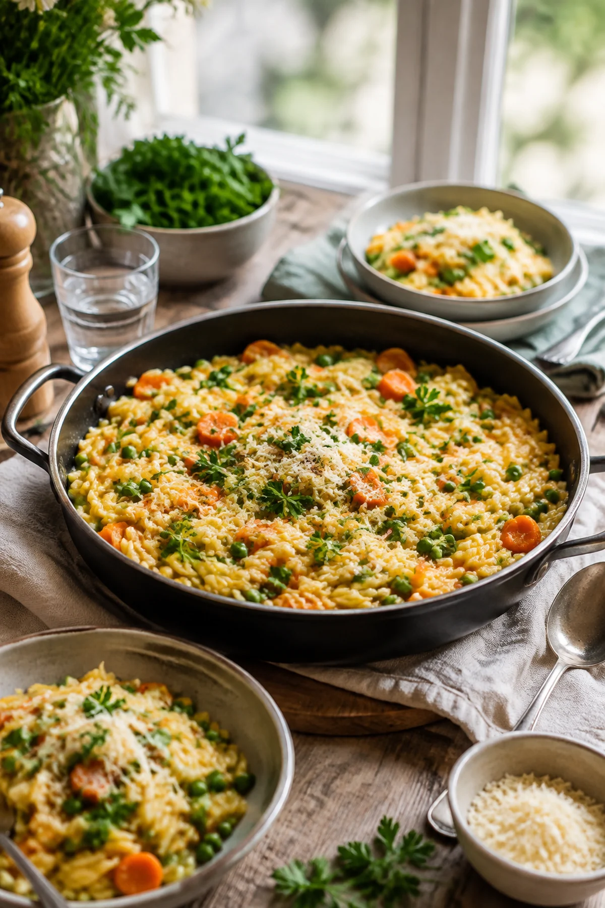 Möhren-Orzo-Pfanne mit Erbsen und Frischkäse