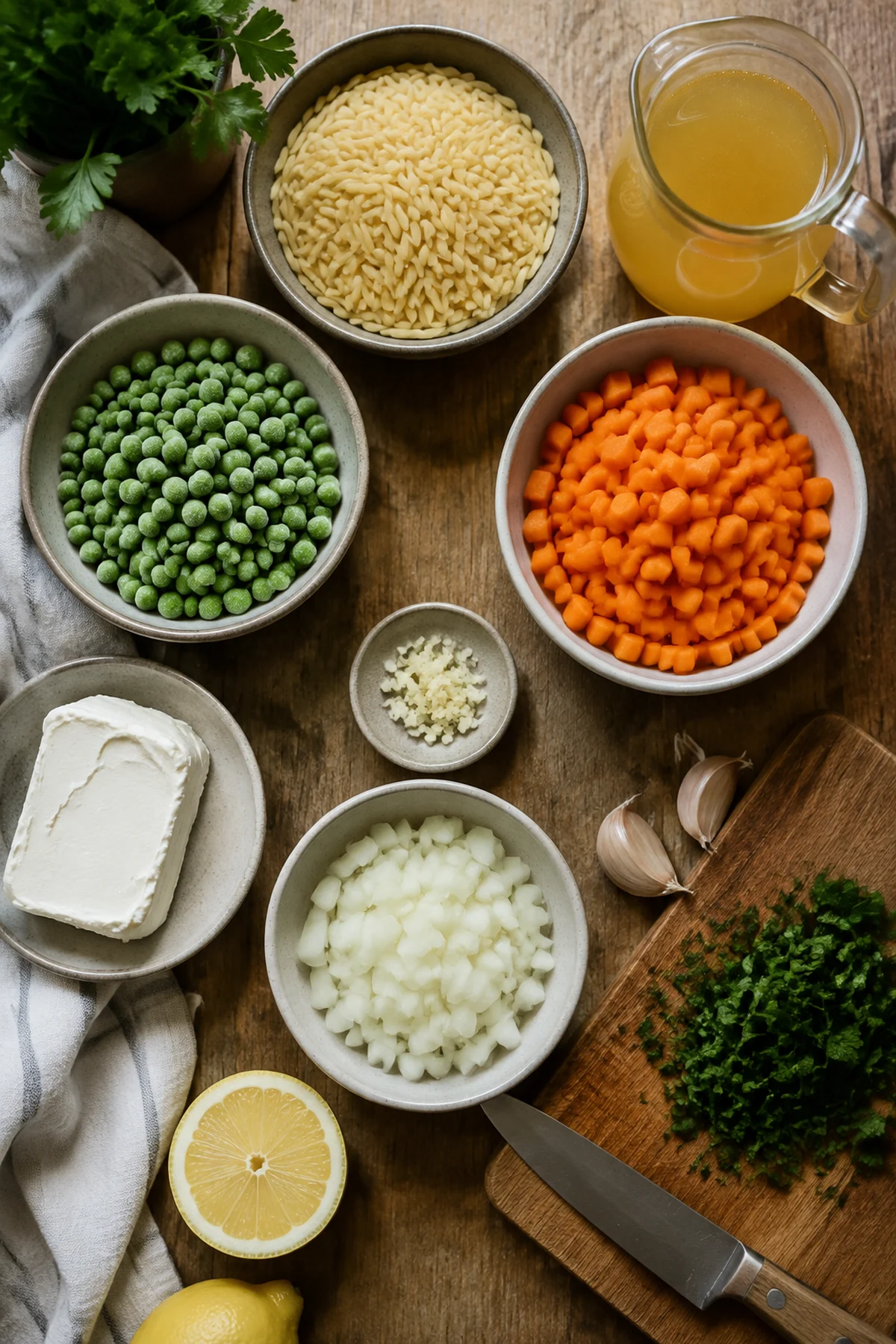 Zutaten für Möhren-Orzo-Pfanne mit Erbsen und Frischkäse