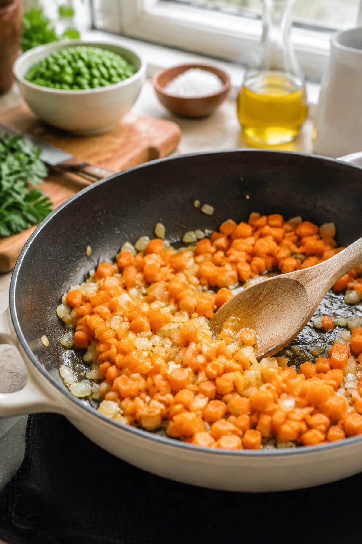 Vorbereitung für Möhren-Orzo-Pfanne mit Erbsen und Frischkäse