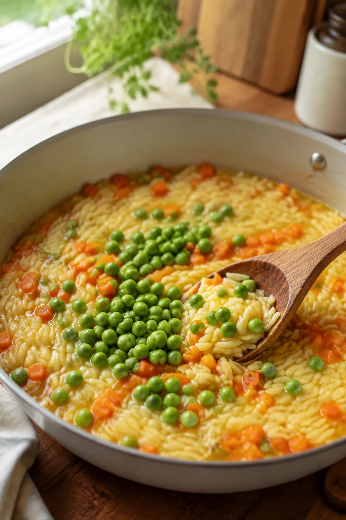 Zubereitung von Möhren-Orzo-Pfanne mit Erbsen und Frischkäse