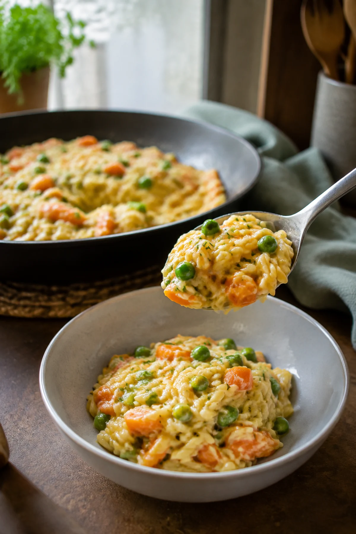 Möhren-Orzo-Pfanne mit Erbsen und Frischkäse fertig zum Servieren