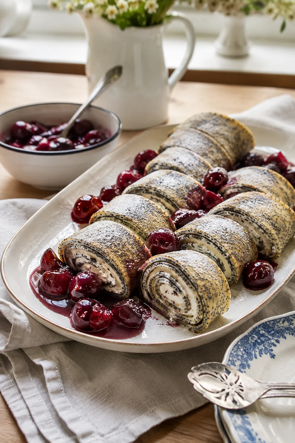 Mohn-Pfannkuchen-Röllchen mit warmen Kirschen