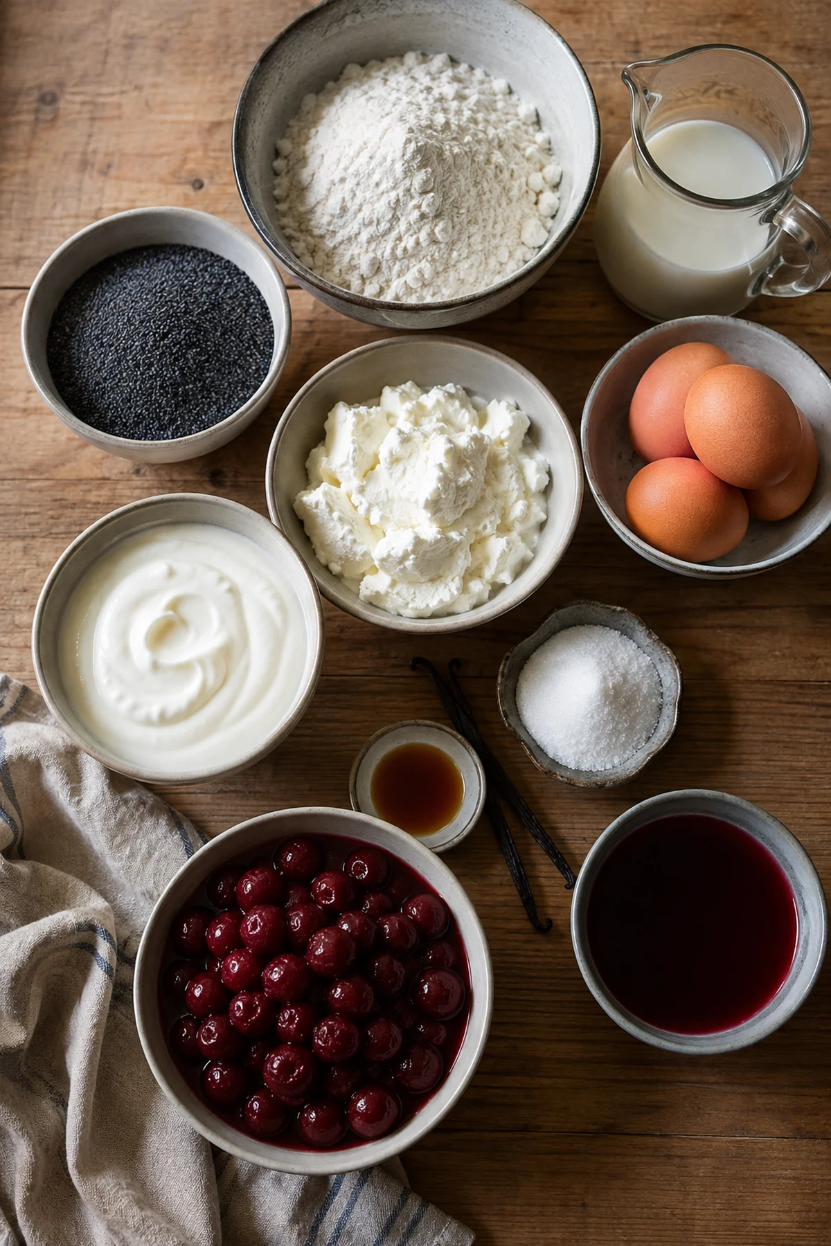 Zutaten für Mohn-Pfannkuchen-Röllchen mit warmen Kirschen
