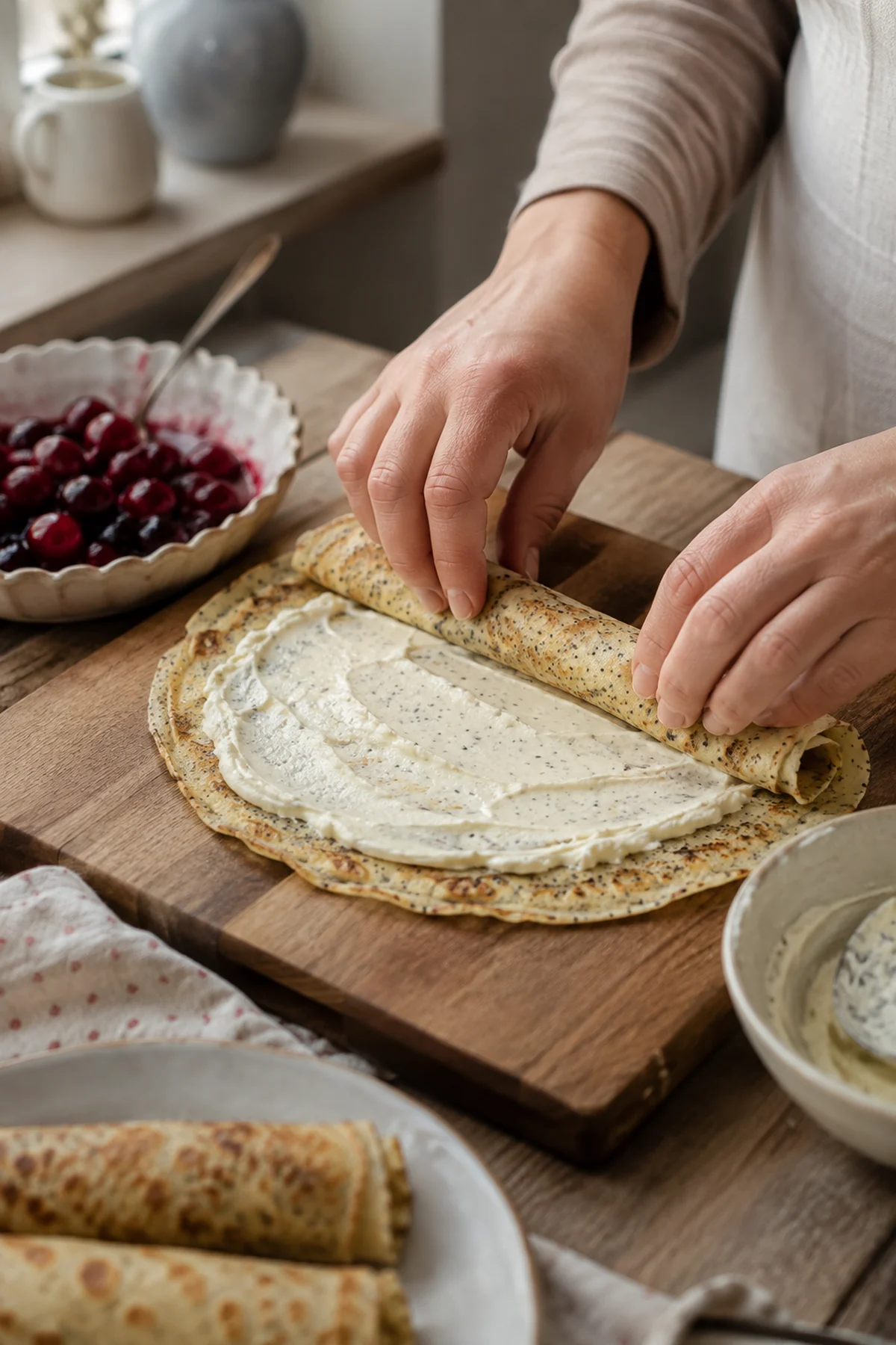 Zubereitung von Mohn-Pfannkuchen-Röllchen mit warmen Kirschen