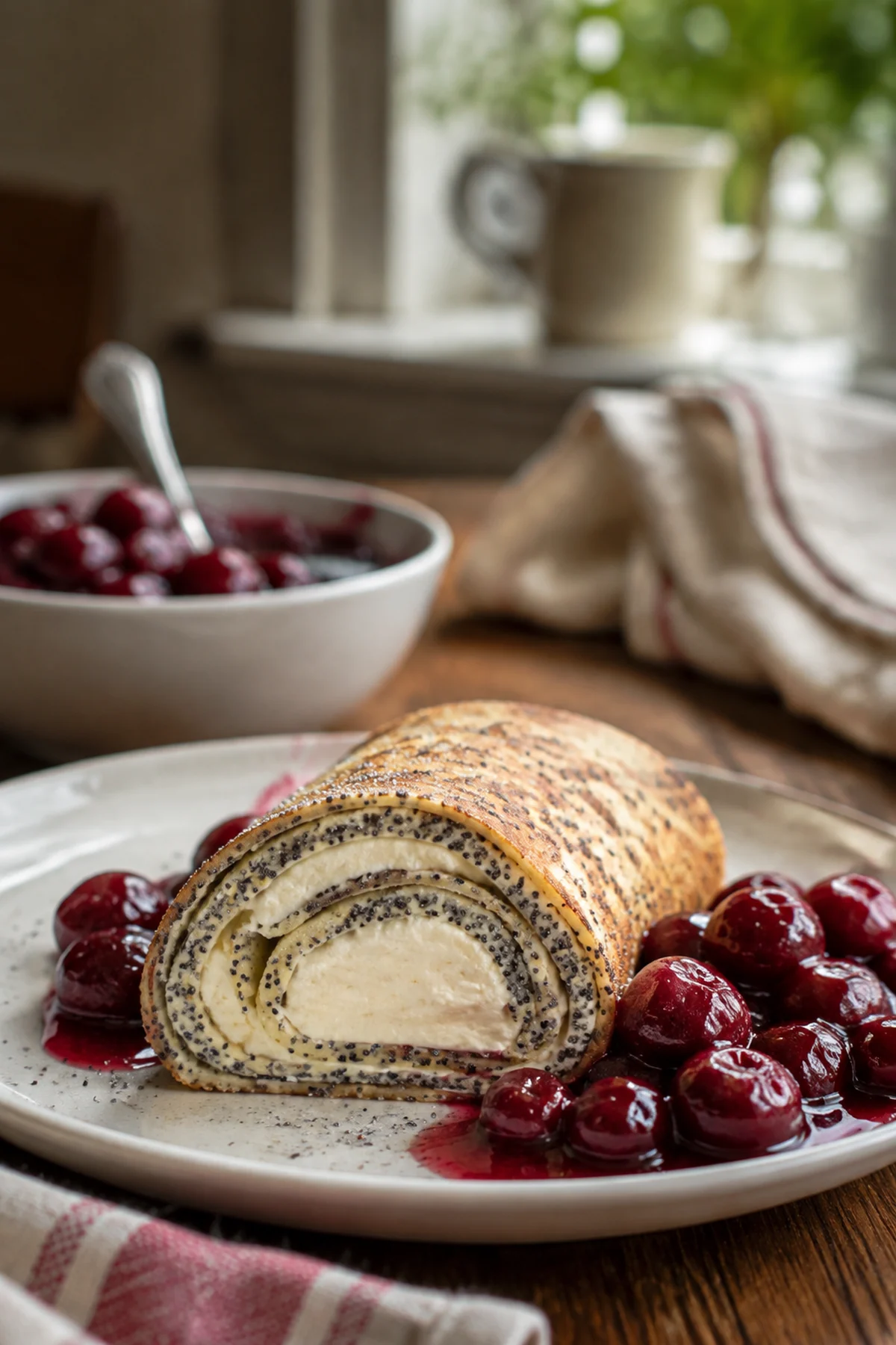 Mohn-Pfannkuchen-Röllchen mit warmen Kirschen fertig zum Servieren