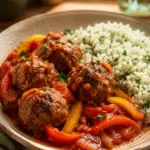 Paprika-Hackbällchen aus dem Ofen mit Kräuterreis – fertiges Gericht
