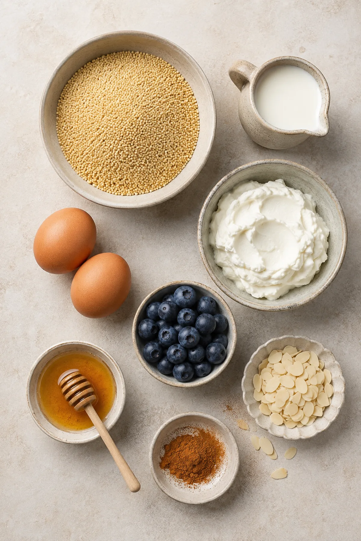 Zutaten für Quark-Hirse-Auflauf mit Heidelbeeren