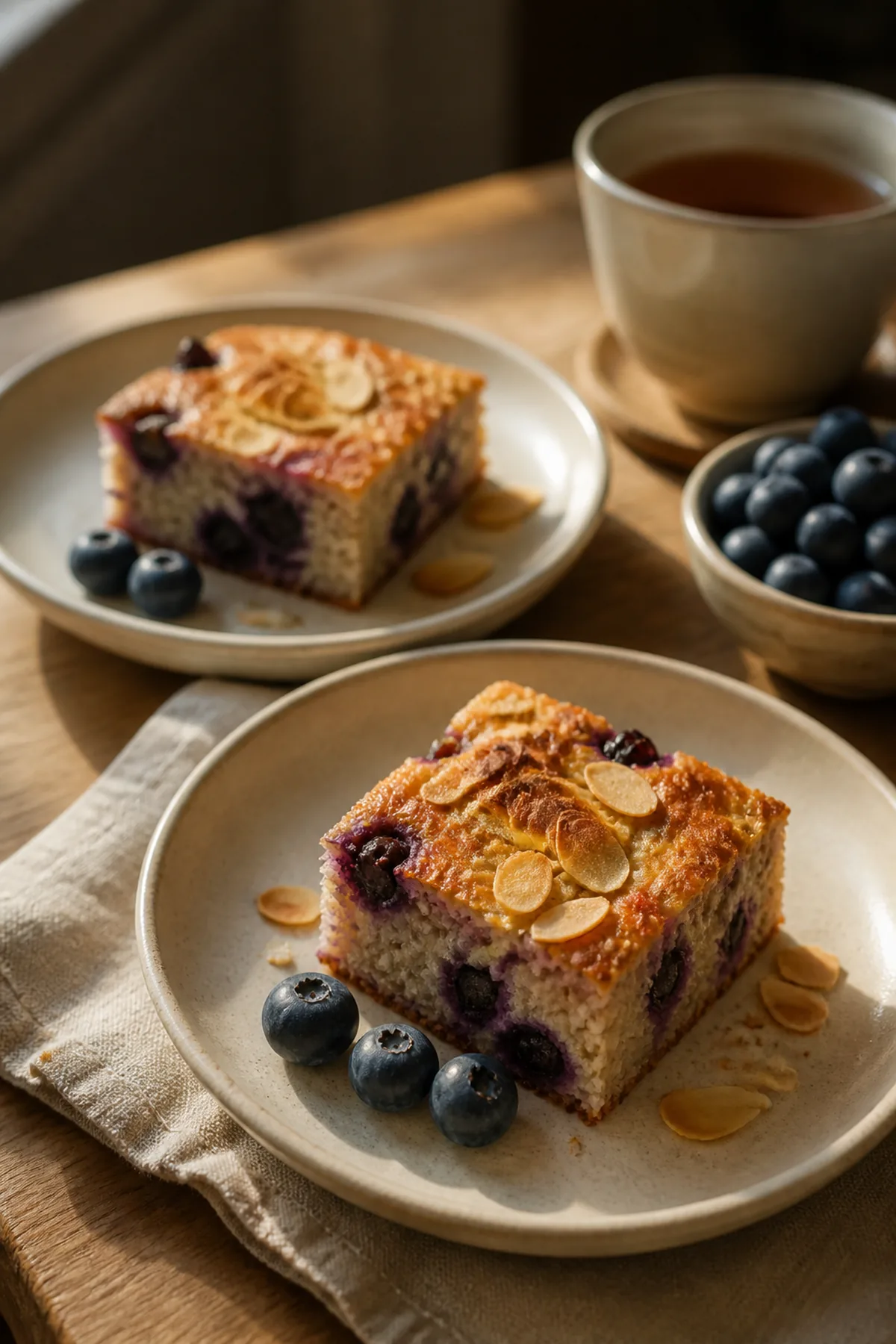 Quark-Hirse-Auflauf mit Heidelbeeren fertig zum Servieren
