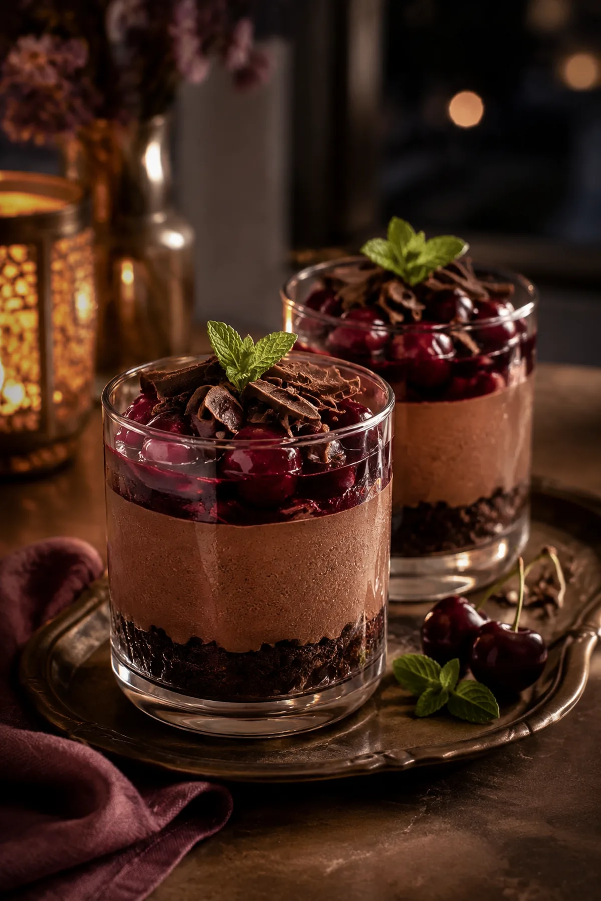 Schoko-Kirsch-Mousse im Glas fertig zum Servieren