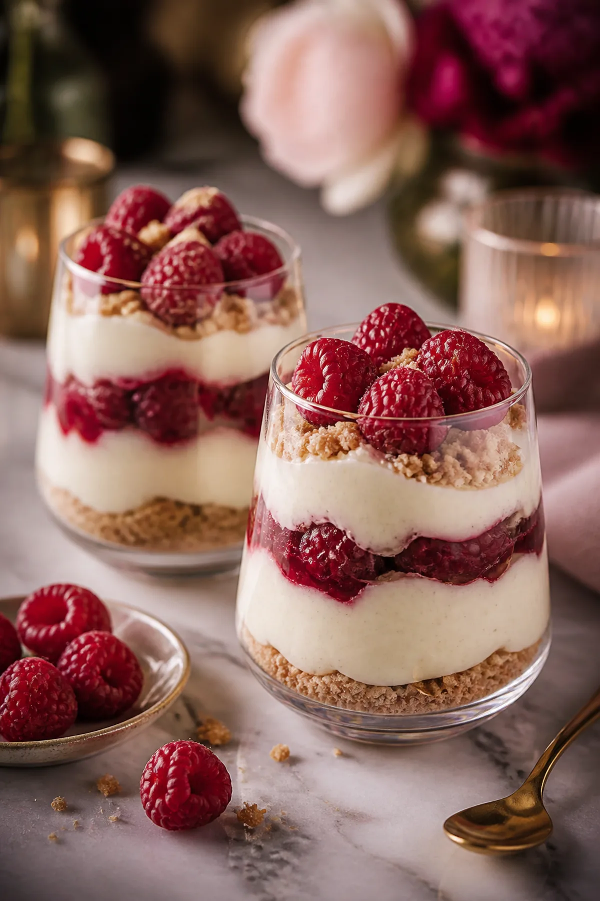 Vanille-Himbeer-Creme im Glas fertig zum Servieren
